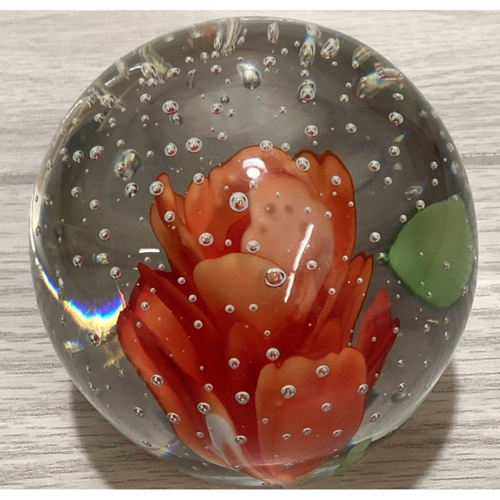Art Deco Glass‎ Paperweight 3x3" Orange Petal Flower w/Bubbles at Top Surface
